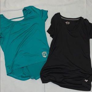 one black and one teal work out shirts